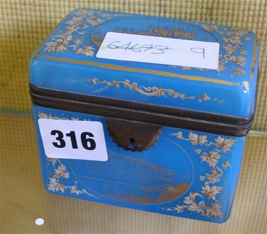 Baden blue & gilt glass trinket box & irridescent glass inkwell